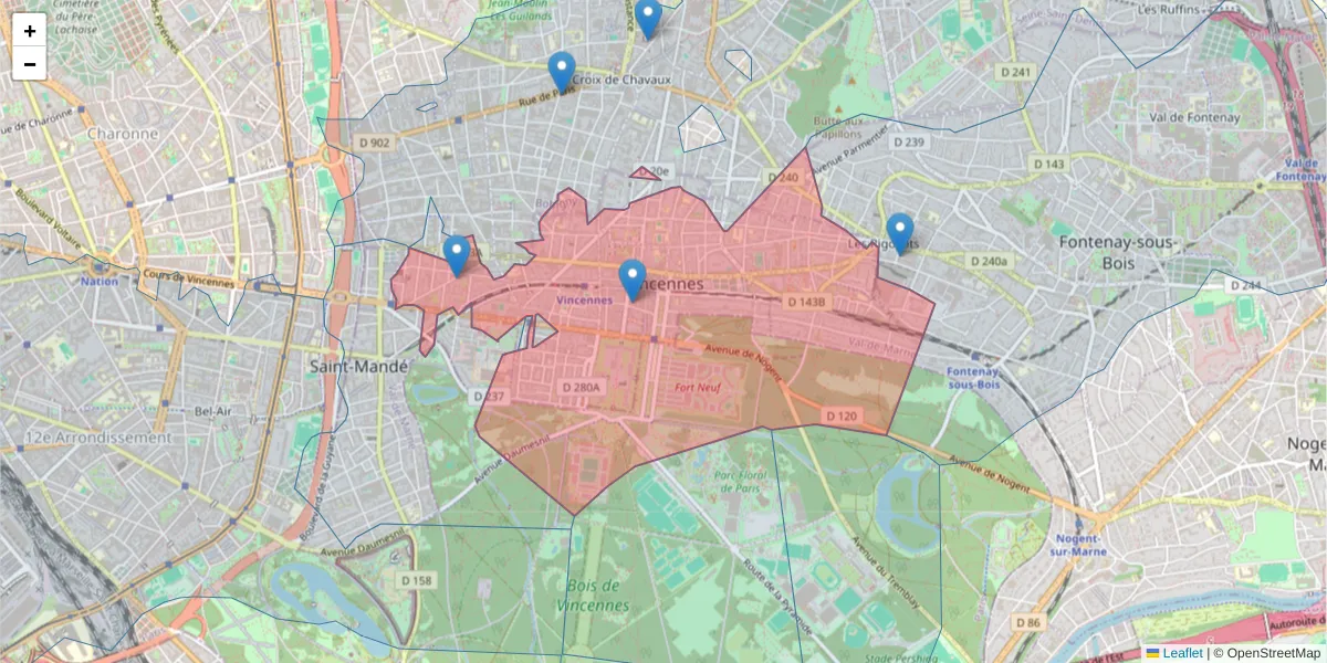 Carte de la zone du code postal  et des codes postaux voisins en France