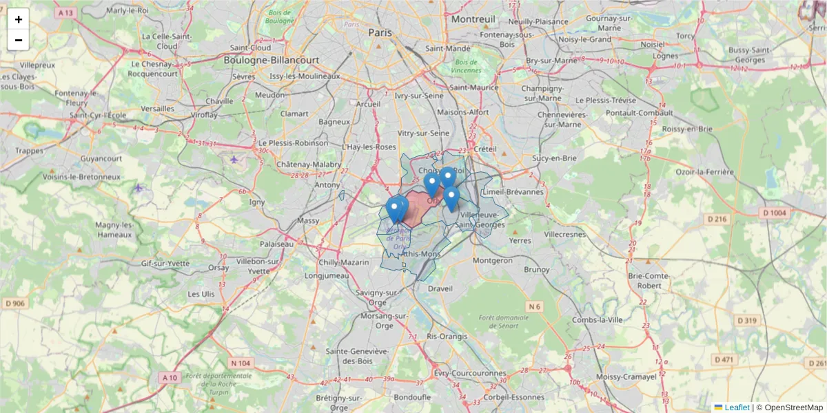 Carte de la zone du code postal  et des codes postaux voisins en France