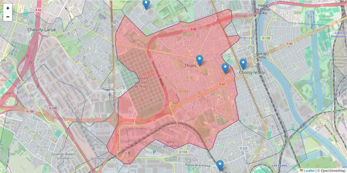 Carte de la zone du code postal  et des codes postaux voisins en France
