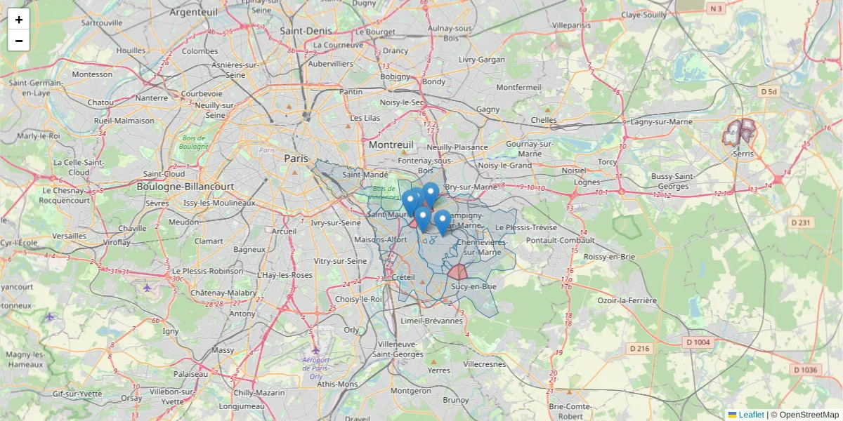 Carte de la zone du code postal  et des codes postaux voisins en France