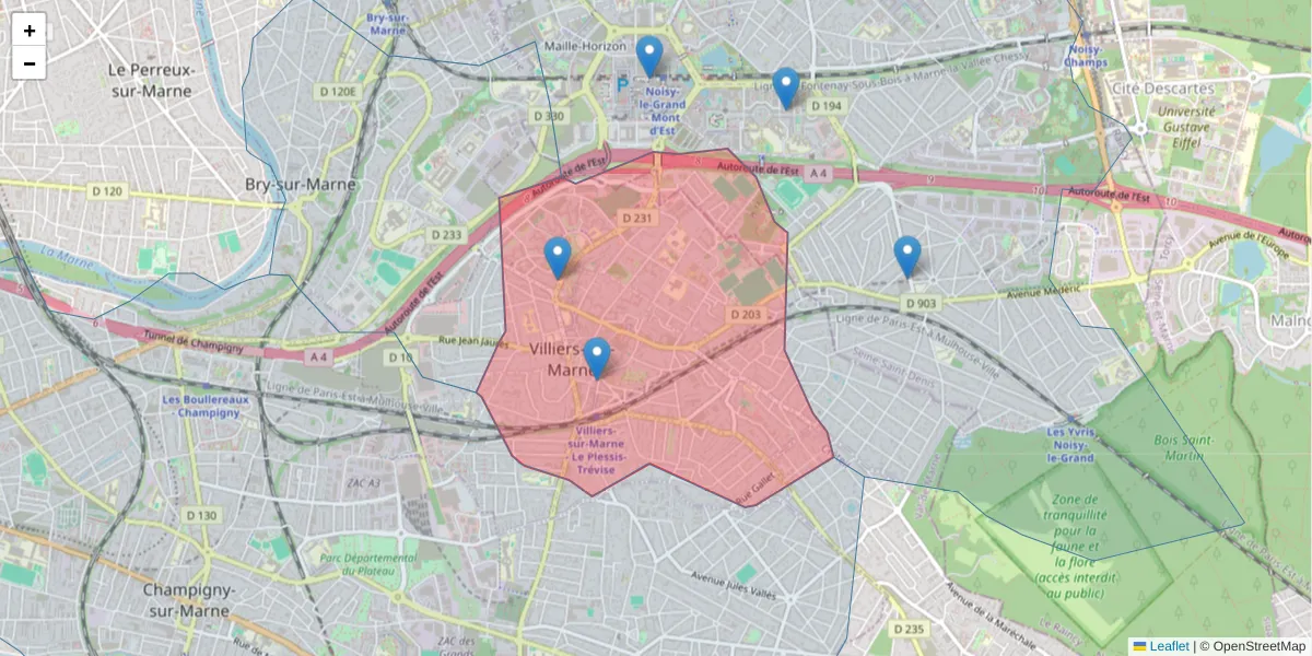 Carte de la zone du code postal  et des codes postaux voisins en France