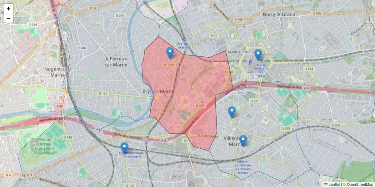 Carte de la zone du code postal  et des codes postaux voisins en France