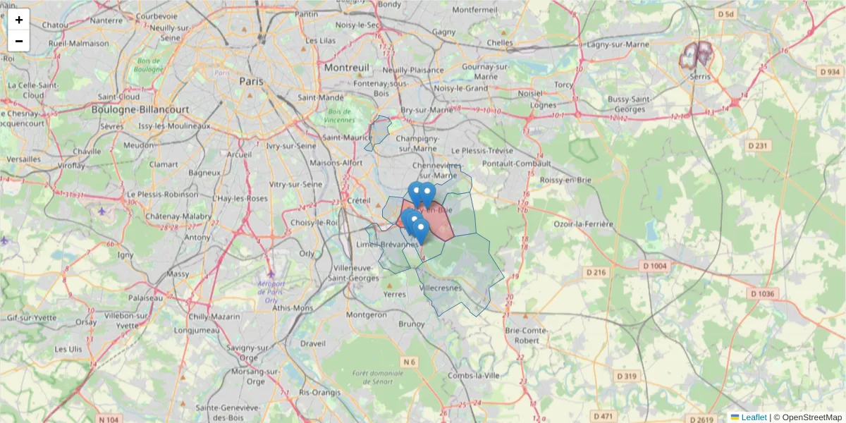 Carte de la zone du code postal  et des codes postaux voisins en France