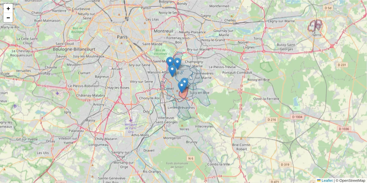 Carte de la zone du code postal  et des codes postaux voisins en France