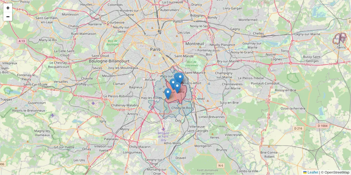 Carte de la zone du code postal  et des codes postaux voisins en France
