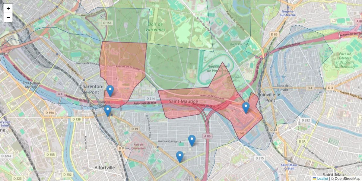 Carte de la zone du code postal  et des codes postaux voisins en France