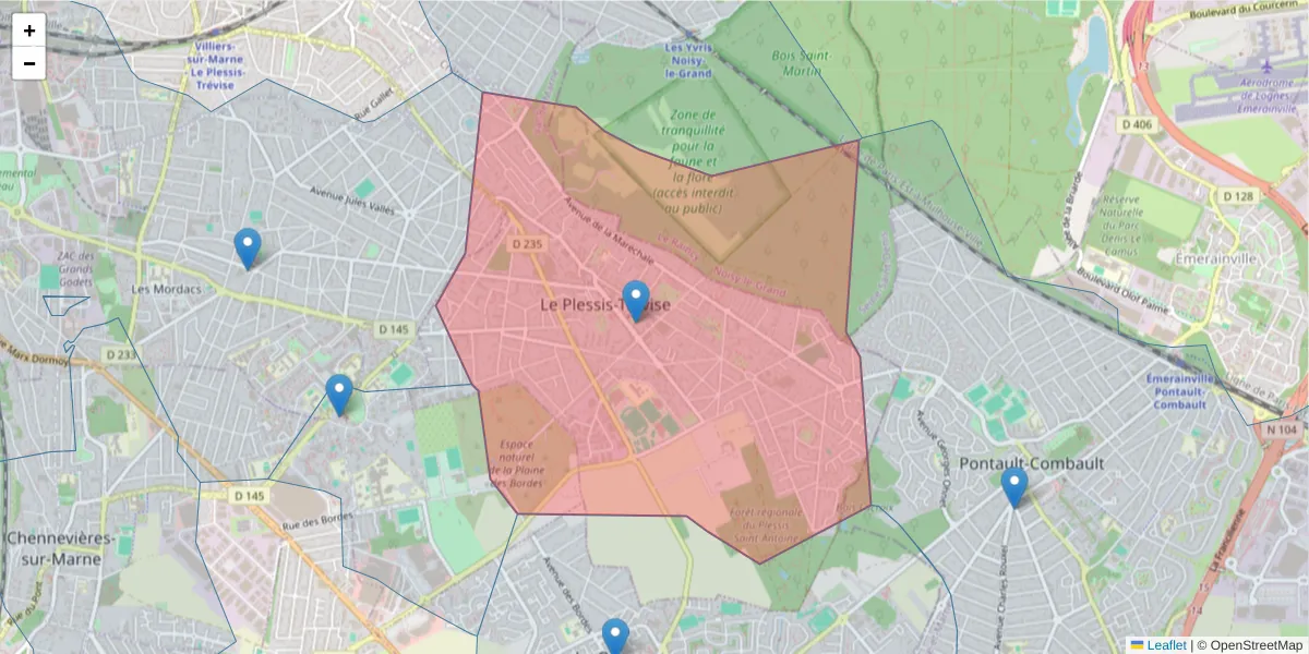 Carte de la zone du code postal  et des codes postaux voisins en France