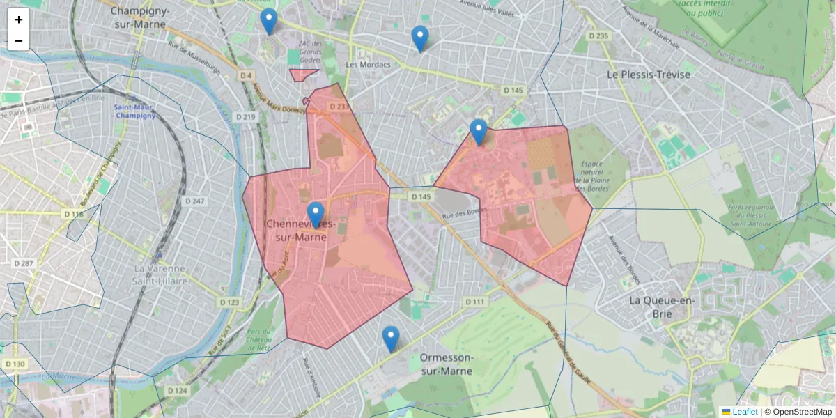 Carte de la zone du code postal  et des codes postaux voisins en France