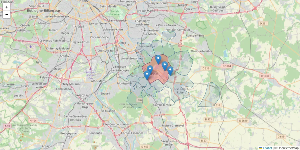 Carte de la zone du code postal  et des codes postaux voisins en France
