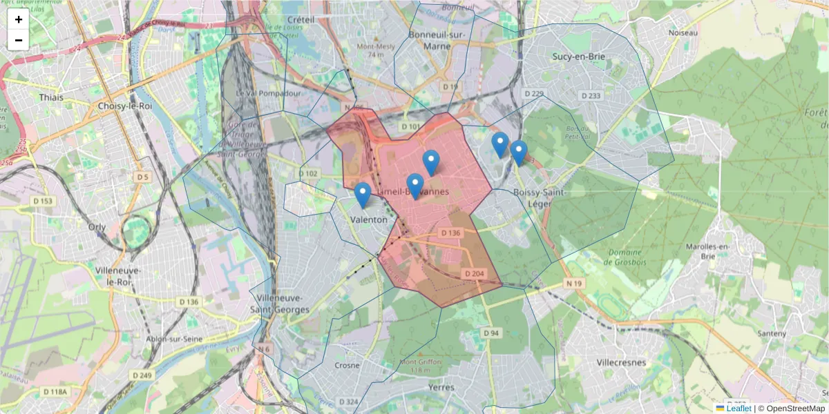 Carte de la zone du code postal  et des codes postaux voisins en France