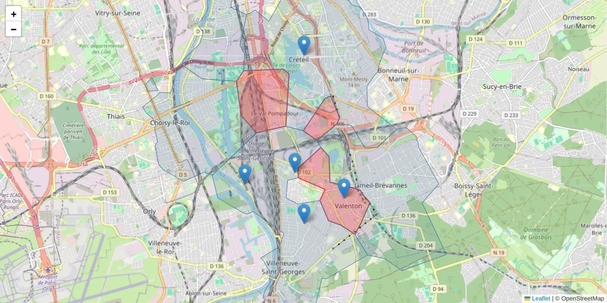 Carte de la zone du code postal  et des codes postaux voisins en France