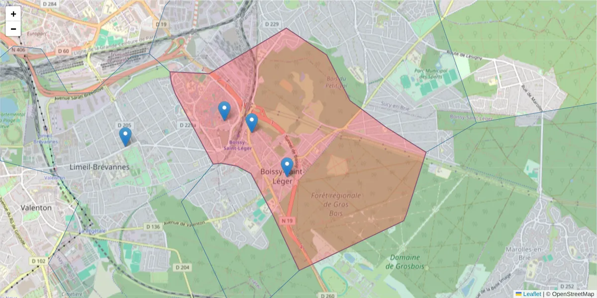 Carte de la zone du code postal  et des codes postaux voisins en France