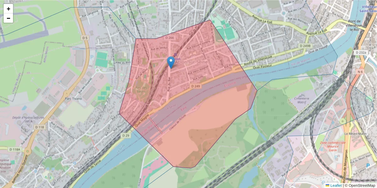 Carte de la zone du code postal  et des codes postaux voisins en France
