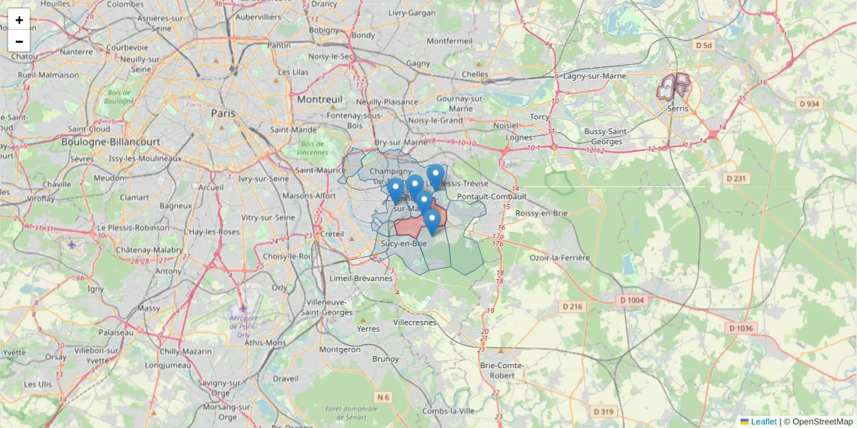 Carte de la zone du code postal  et des codes postaux voisins en France