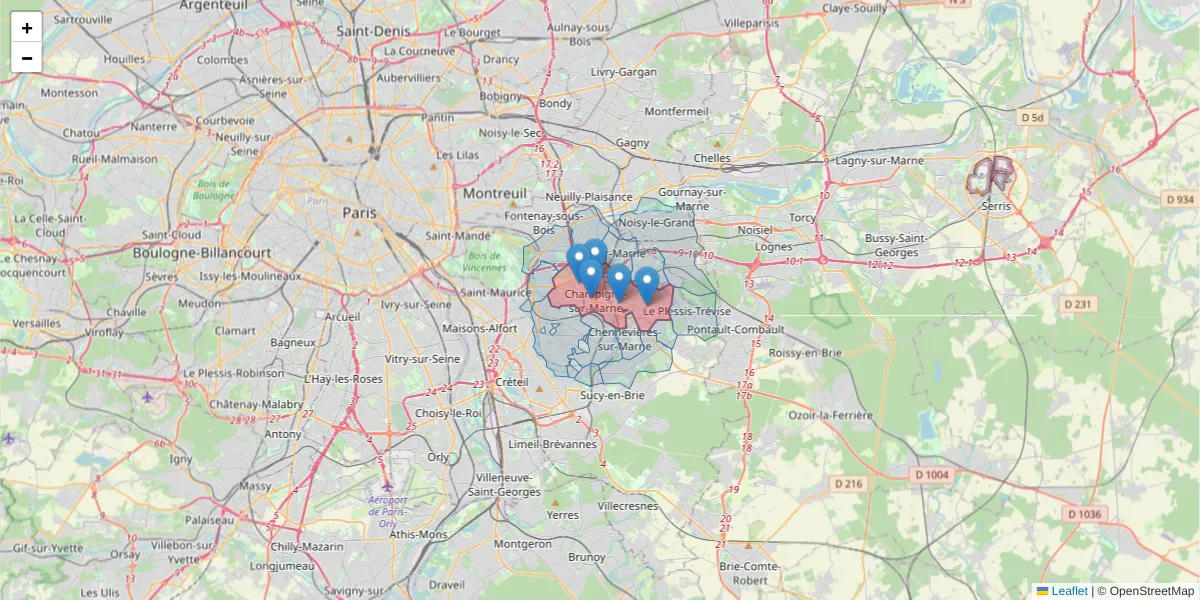 Carte de la zone du code postal  et des codes postaux voisins en France