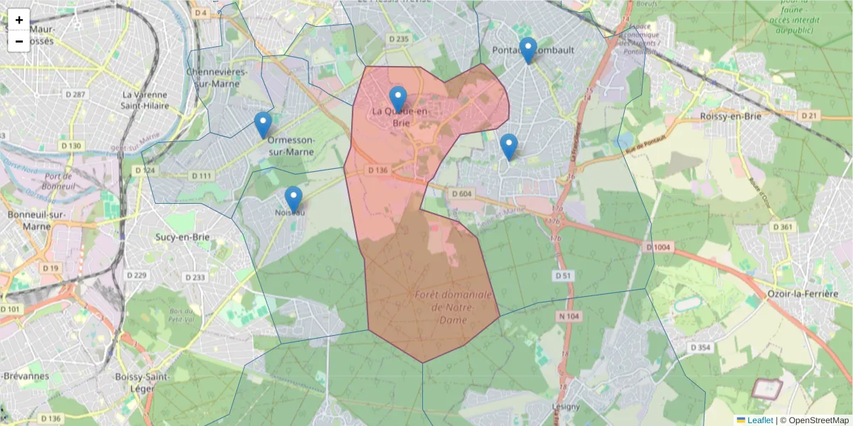 Carte de la zone du code postal  et des codes postaux voisins en France