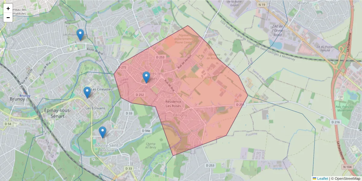 Carte de la zone du code postal  et des codes postaux voisins en France