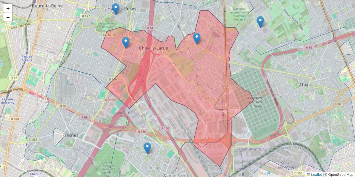 Carte de la zone du code postal  et des codes postaux voisins en France