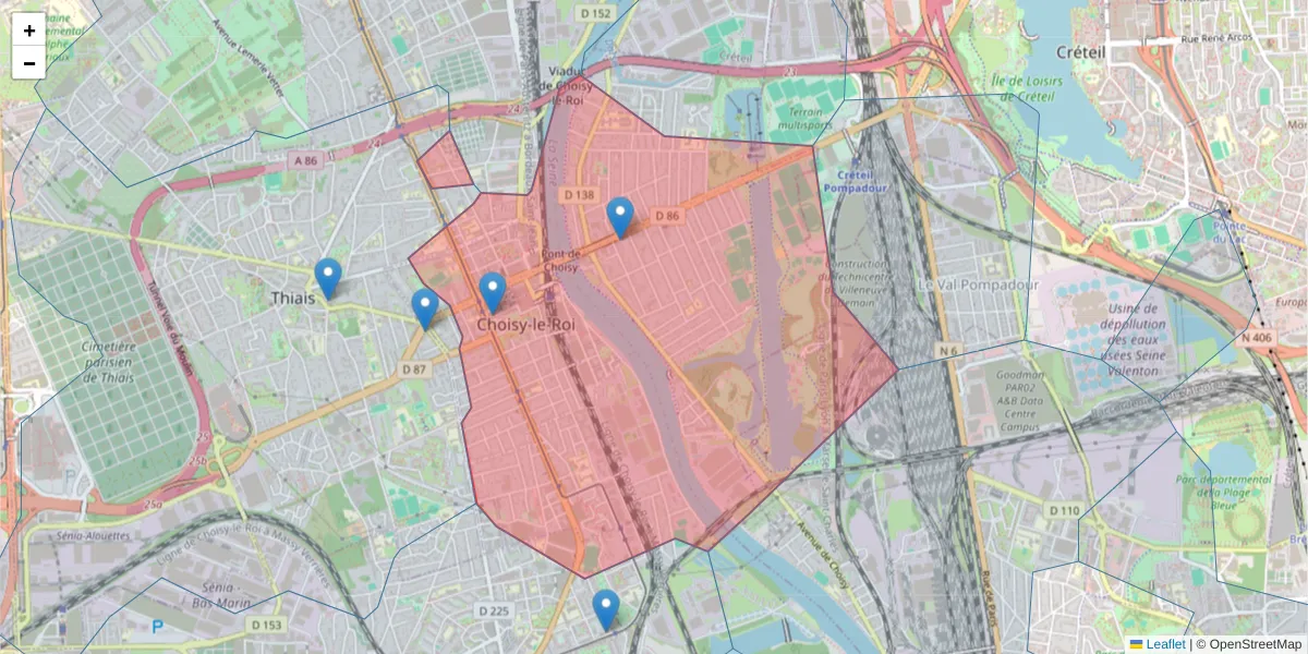 Carte de la zone du code postal  et des codes postaux voisins en France