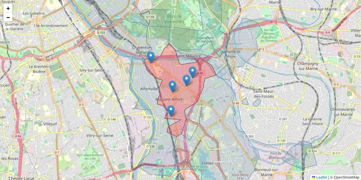 Carte de la zone du code postal  et des codes postaux voisins en France