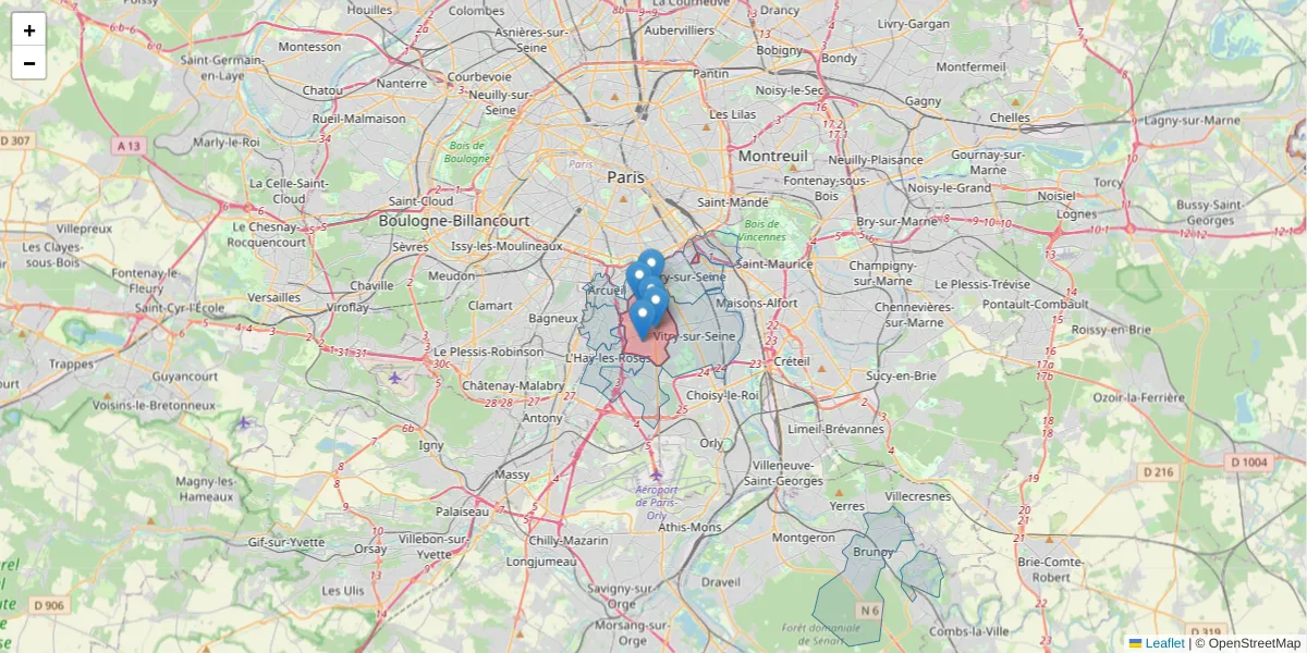 Carte de la zone du code postal  et des codes postaux voisins en France