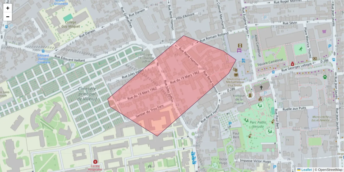 Carte de la zone du code postal  et des codes postaux voisins en France