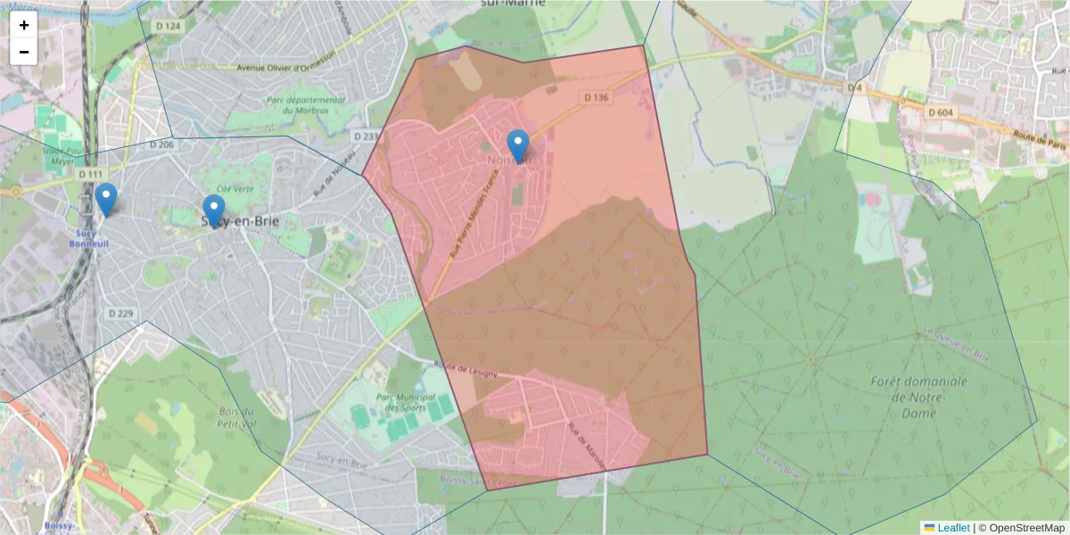 Carte de la zone du code postal  et des codes postaux voisins en France