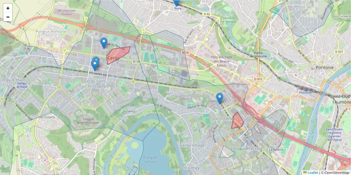 Carte de la zone du code postal  et des codes postaux voisins en France