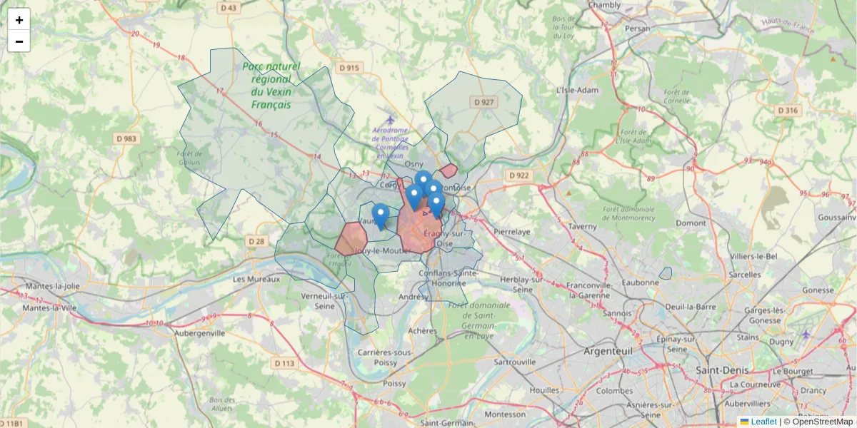 Carte de la zone du code postal  et des codes postaux voisins en France