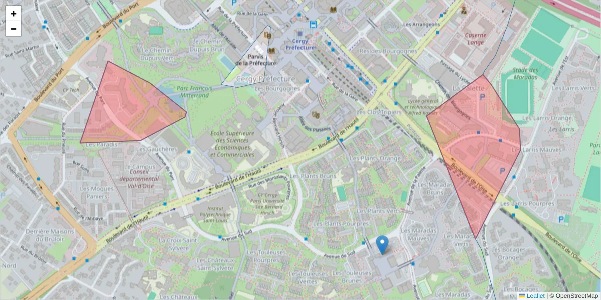 Carte de la zone du code postal  et des codes postaux voisins en France