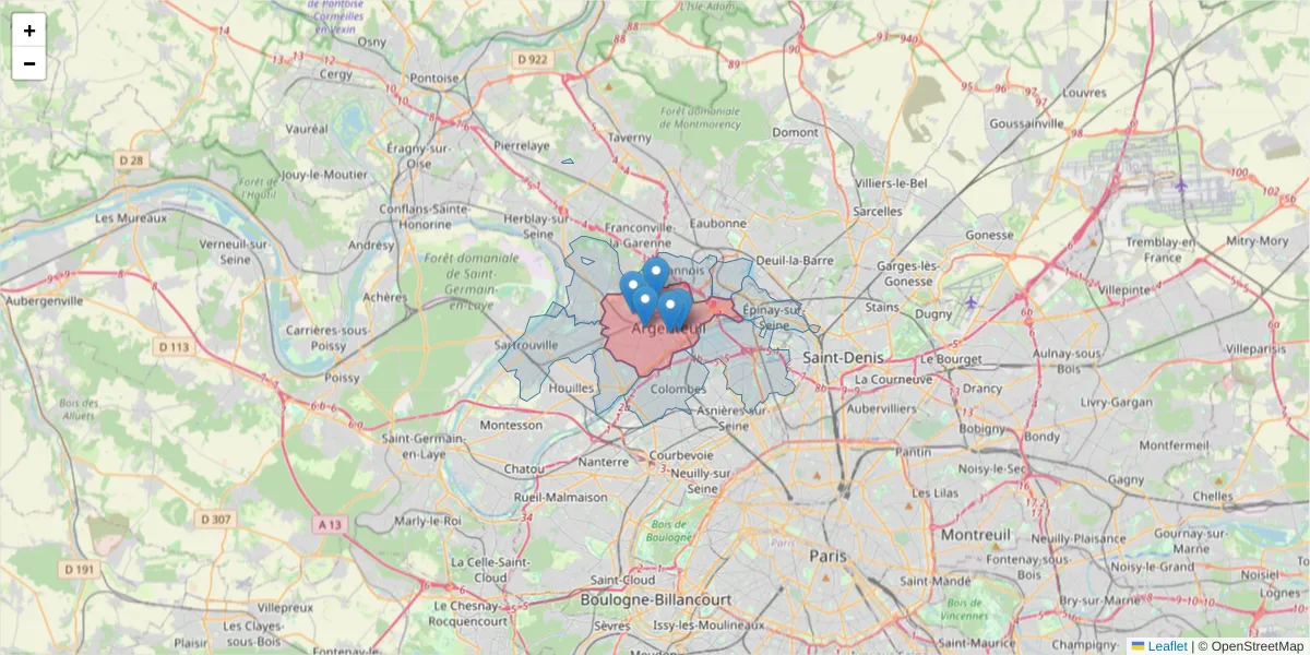 Carte de la zone du code postal  et des codes postaux voisins en France