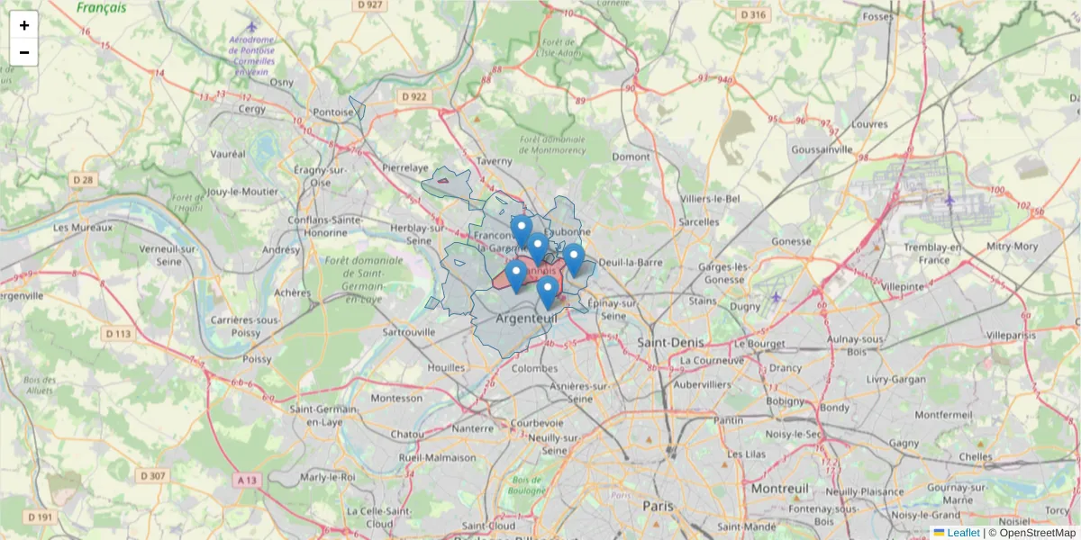Carte de la zone du code postal  et des codes postaux voisins en France