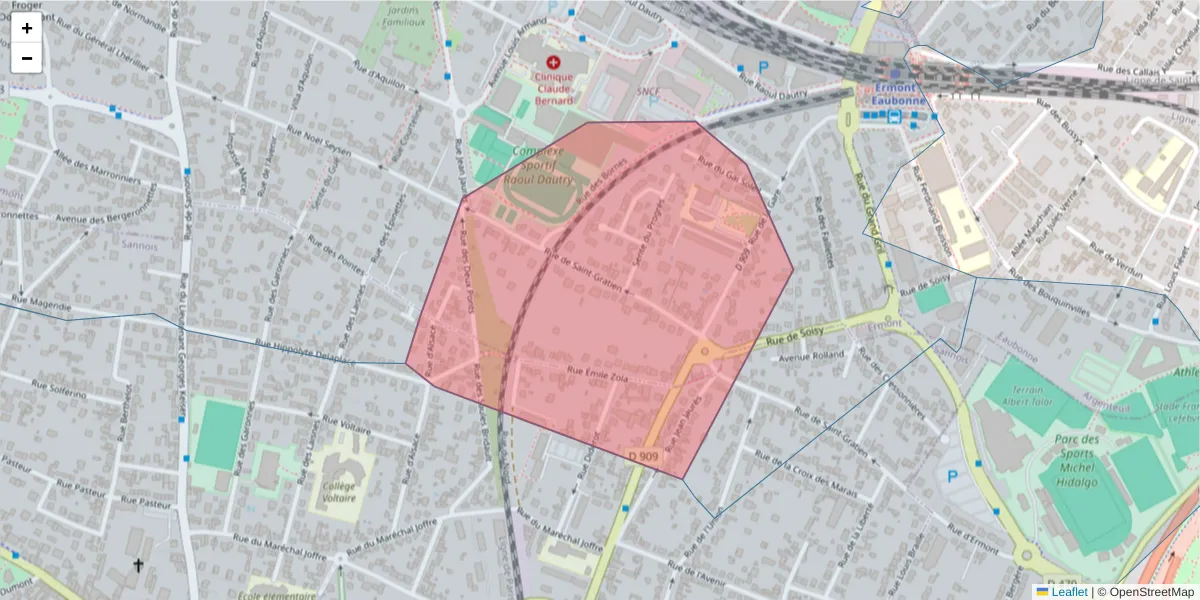 Carte de la zone du code postal  et des codes postaux voisins en France