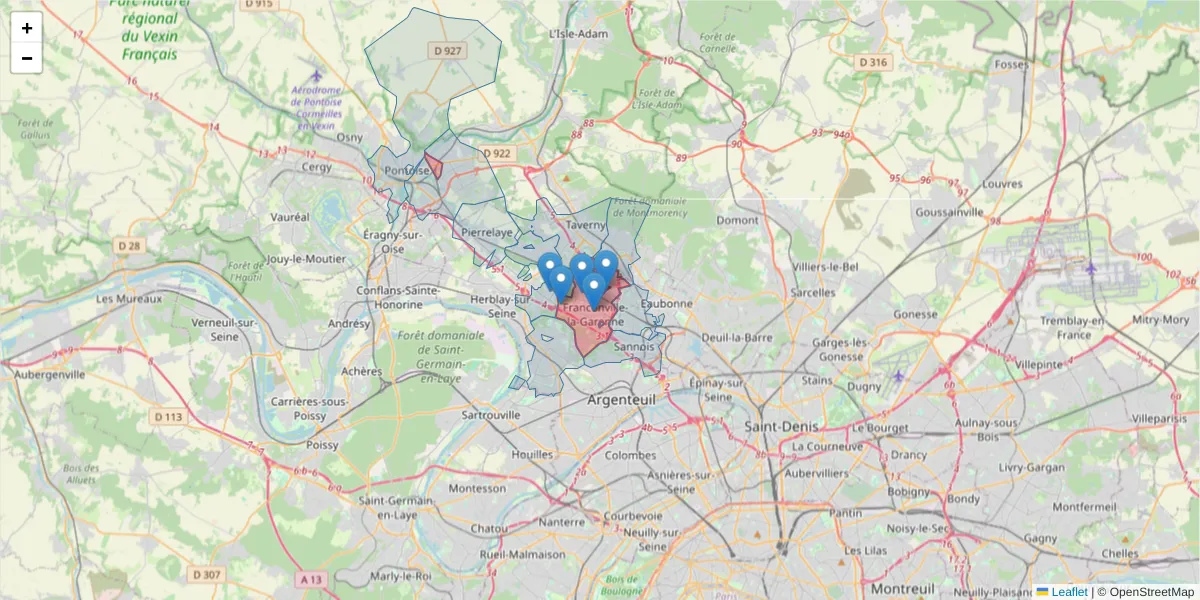 Carte de la zone du code postal  et des codes postaux voisins en France