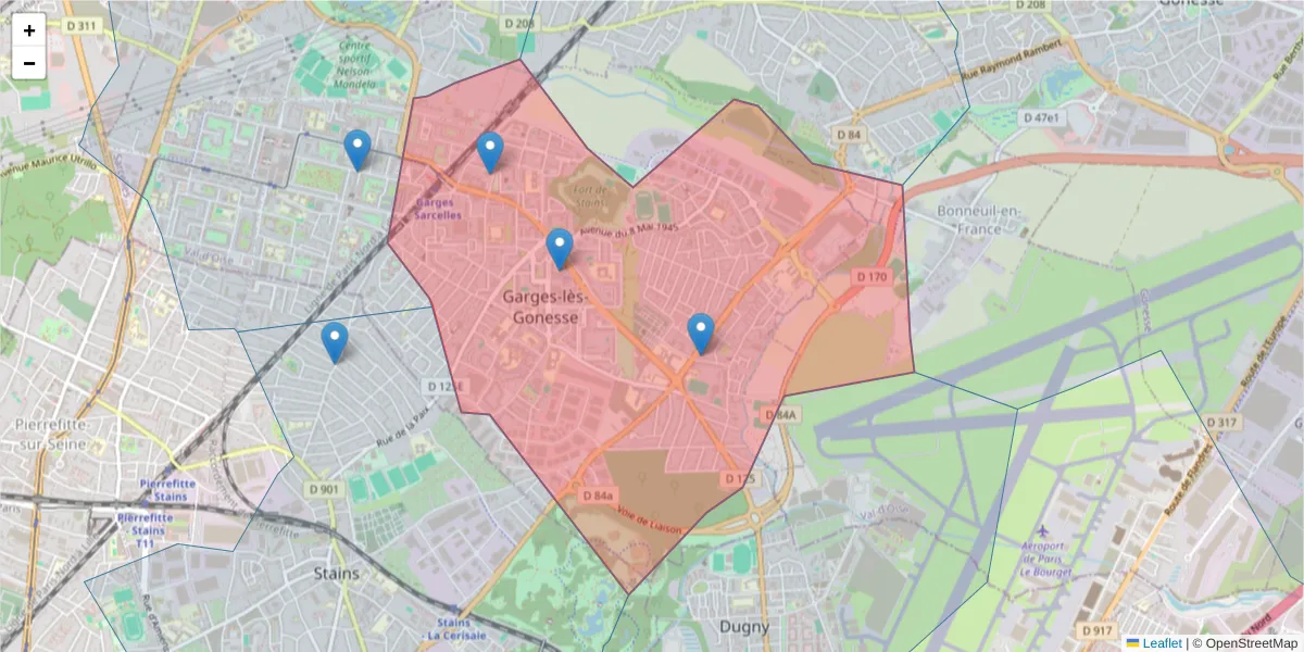 Carte de la zone du code postal  et des codes postaux voisins en France