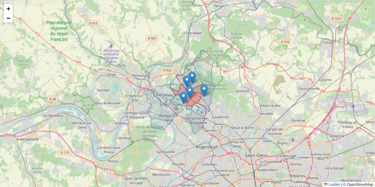 Carte de la zone du code postal  et des codes postaux voisins en France