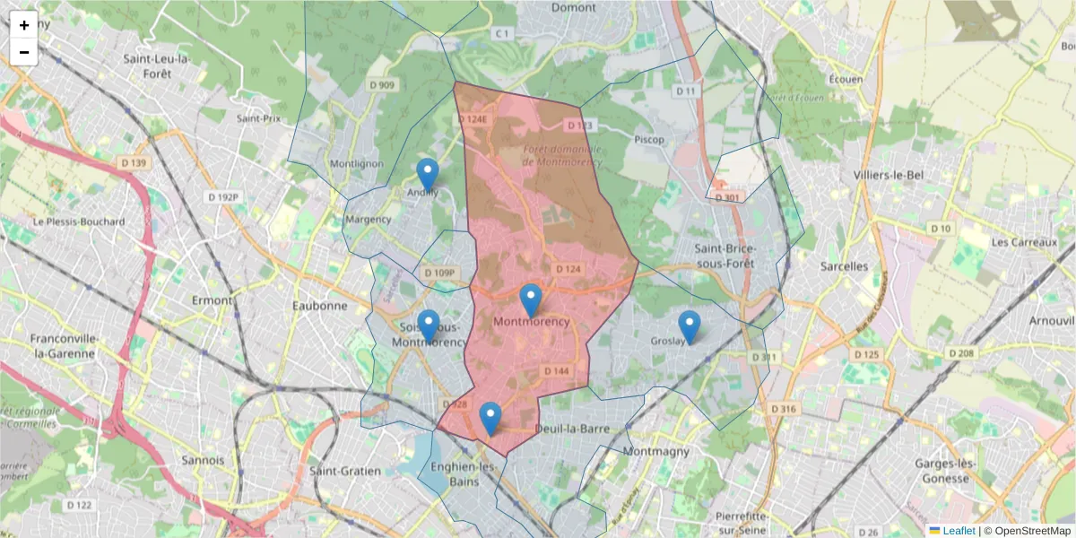 Carte de la zone du code postal  et des codes postaux voisins en France