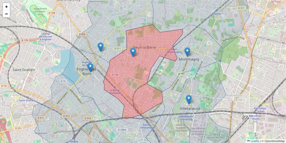 Carte de la zone du code postal  et des codes postaux voisins en France