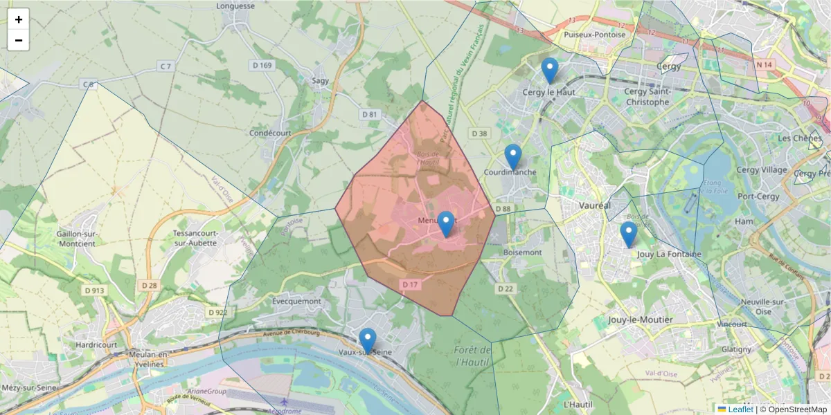 Carte de la zone du code postal  et des codes postaux voisins en France