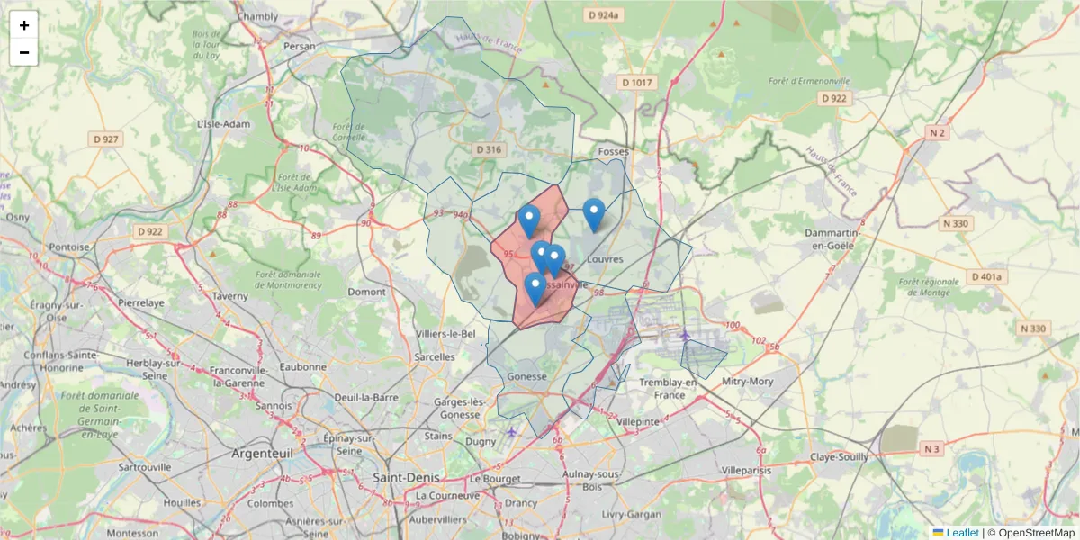 Carte de la zone du code postal  et des codes postaux voisins en France