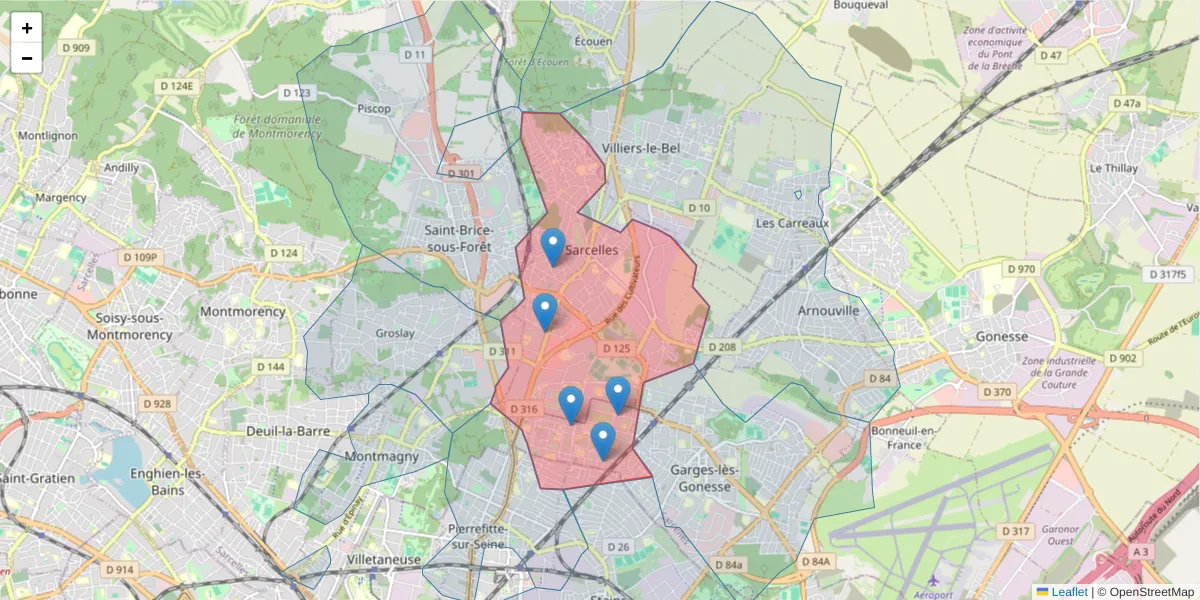 Carte de la zone du code postal  et des codes postaux voisins en France