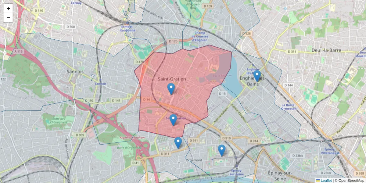 Carte de la zone du code postal  et des codes postaux voisins en France
