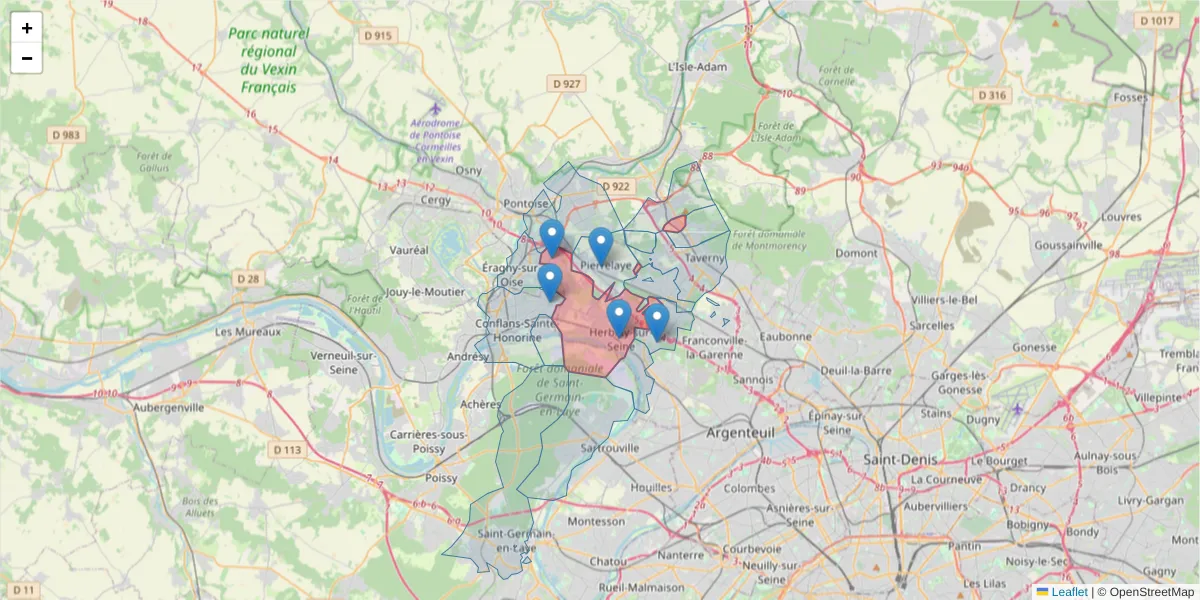 Carte de la zone du code postal  et des codes postaux voisins en France