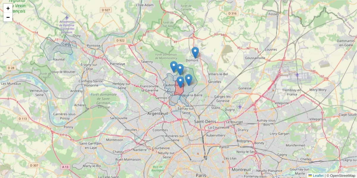 Carte de la zone du code postal  et des codes postaux voisins en France