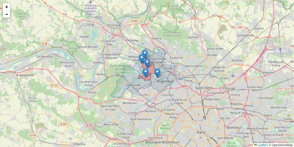 Carte de la zone du code postal  et des codes postaux voisins en France