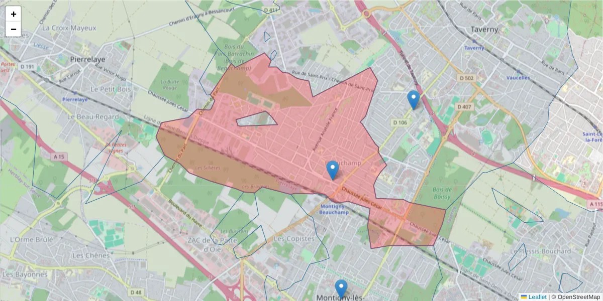 Carte de la zone du code postal  et des codes postaux voisins en France