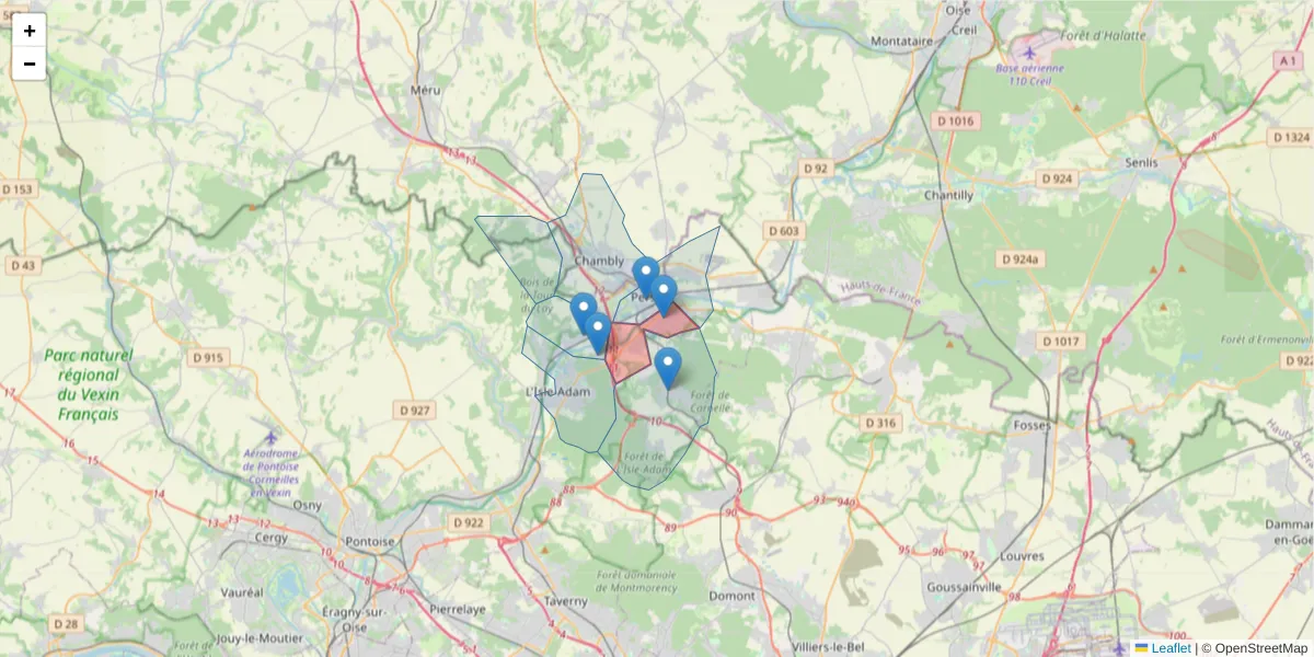 Carte de la zone du code postal  et des codes postaux voisins en France