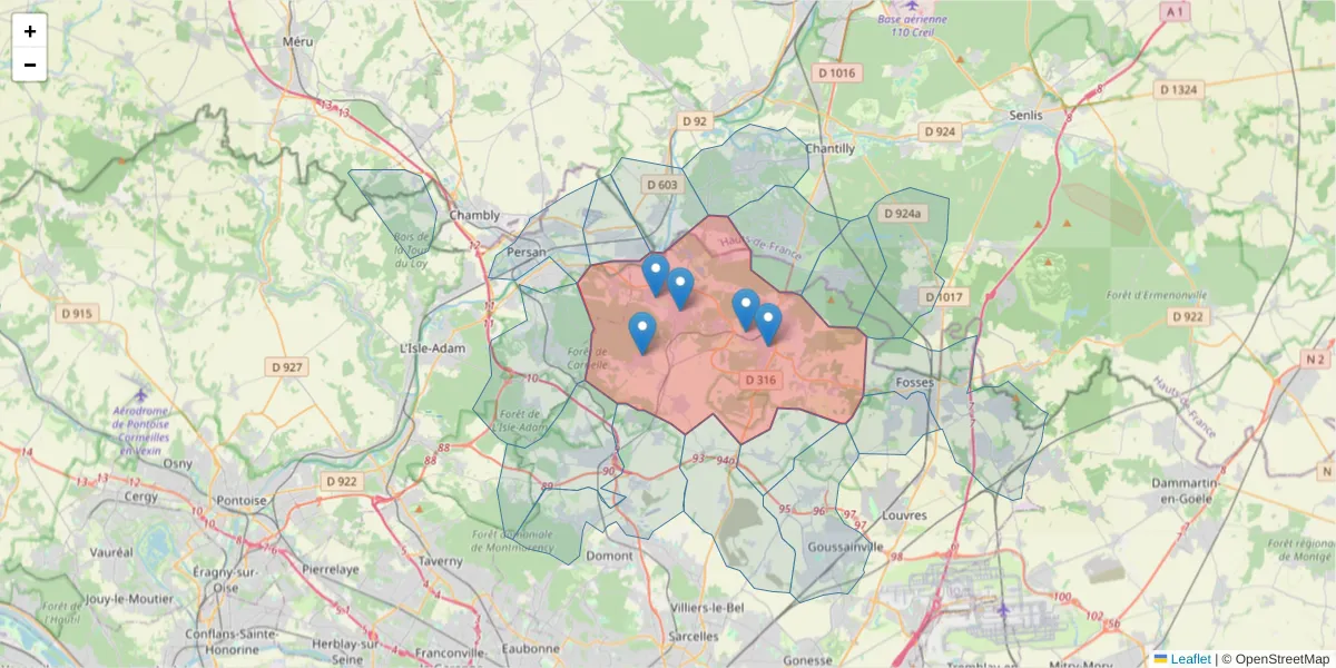 Carte de la zone du code postal  et des codes postaux voisins en France