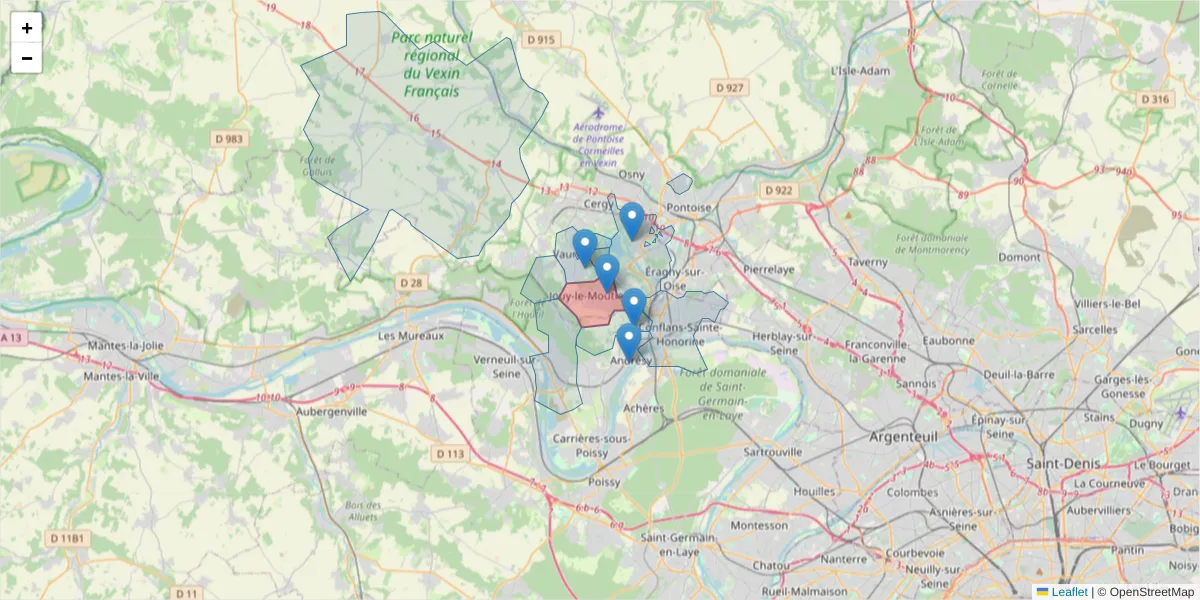 Carte de la zone du code postal  et des codes postaux voisins en France