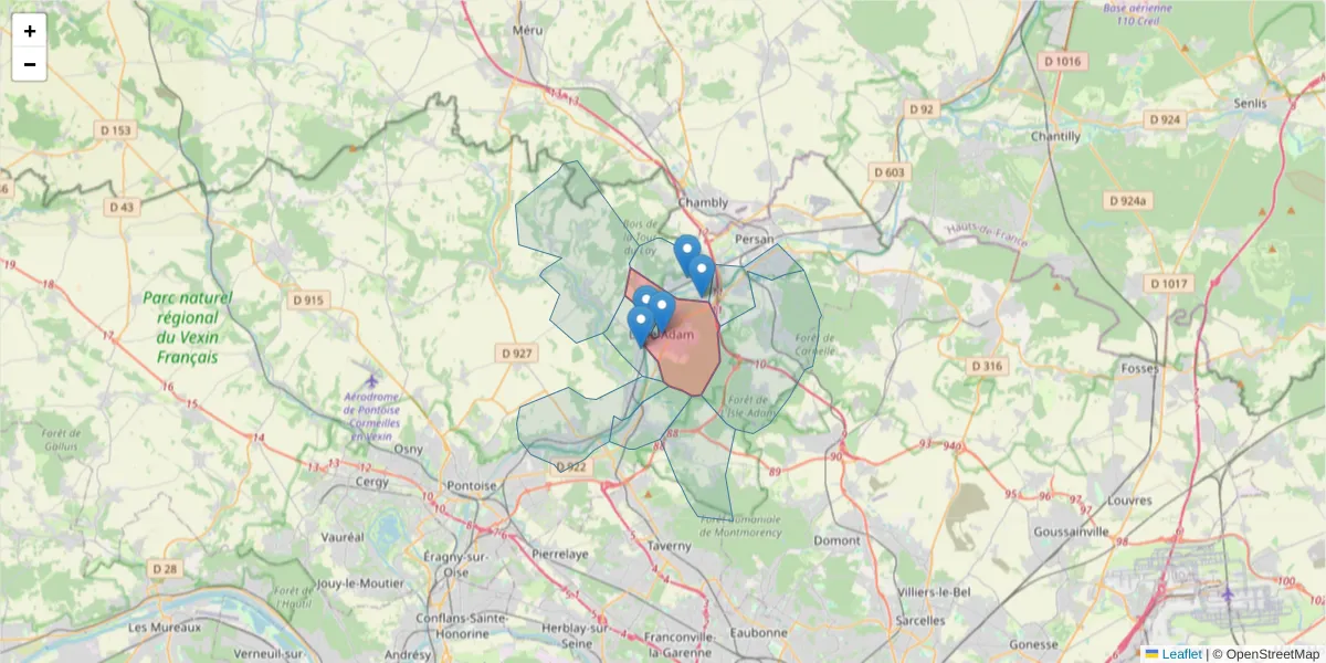 Carte de la zone du code postal  et des codes postaux voisins en France